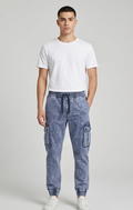 Men's Elastic Waist Tapered Acid Wash Denim Cargo Pants with Drawstring and Cuffed Hems