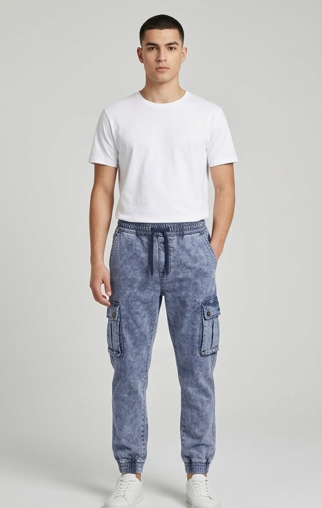 Men's Elastic Waist Tapered Acid Wash Denim Cargo Pants with Drawstring and Cuffed Hems