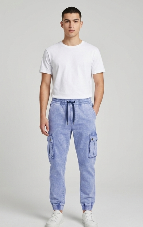 Men's Elastic Waist Tapered Acid Wash Denim Cargo Pants