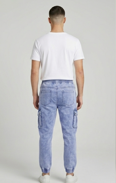 Men's Elastic Waist Tapered Acid Wash Denim Cargo Pants