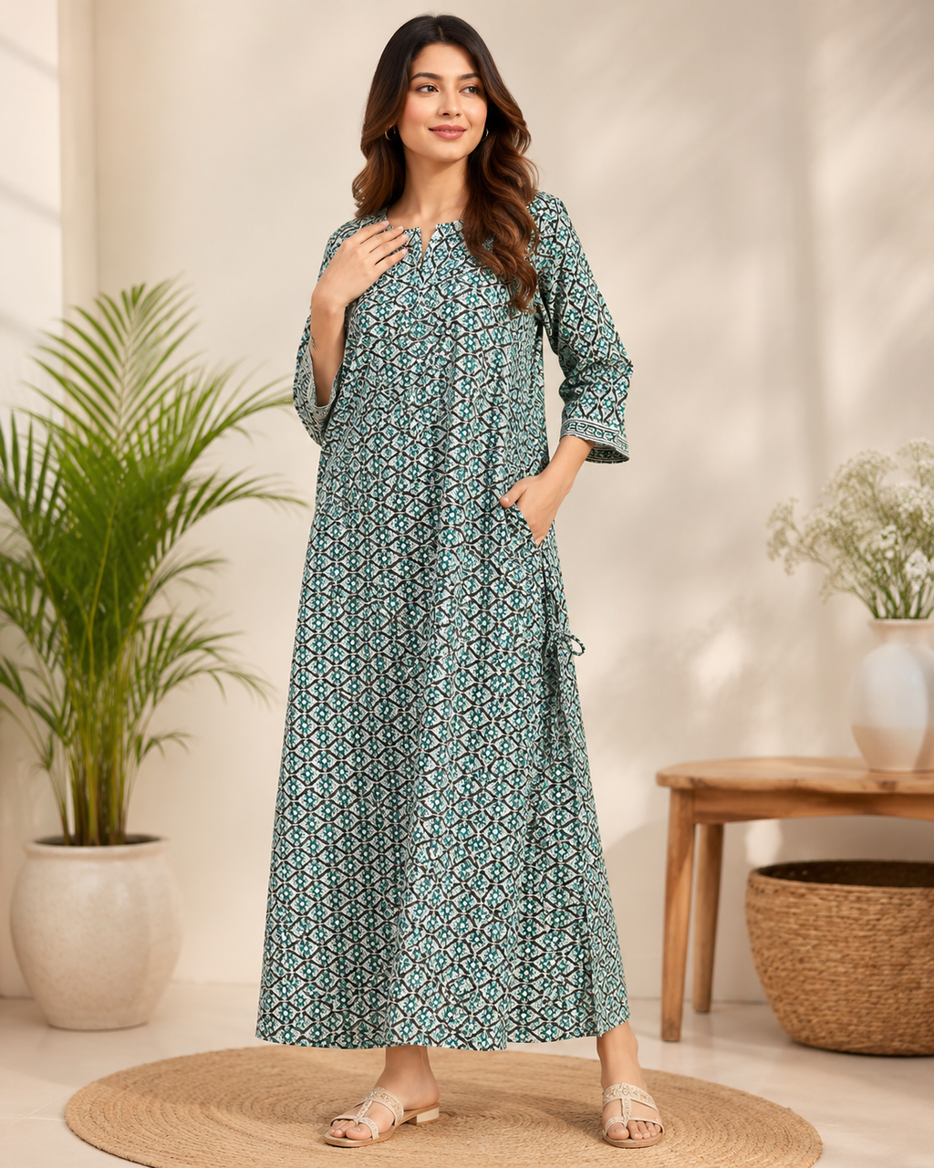 Women Teal Green & Black Geometric Printed Maxi Dress / Long Kurti with Pocket & 3/4th Sleeves
