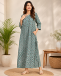 Women Teal Green & Black Geometric Printed Maxi Dress / Long Kurti with Pocket & 3/4th Sleeves