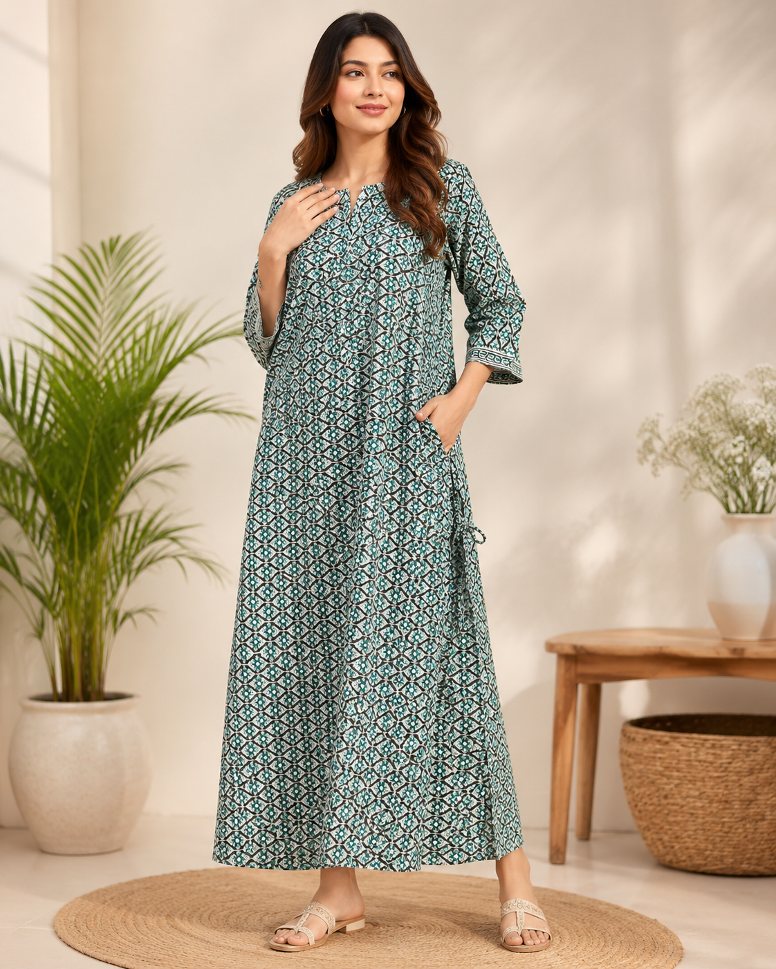 Women Teal Green & Black Geometric Printed Maxi Dress / Long Kurti with Pocket & 3/4th Sleeves