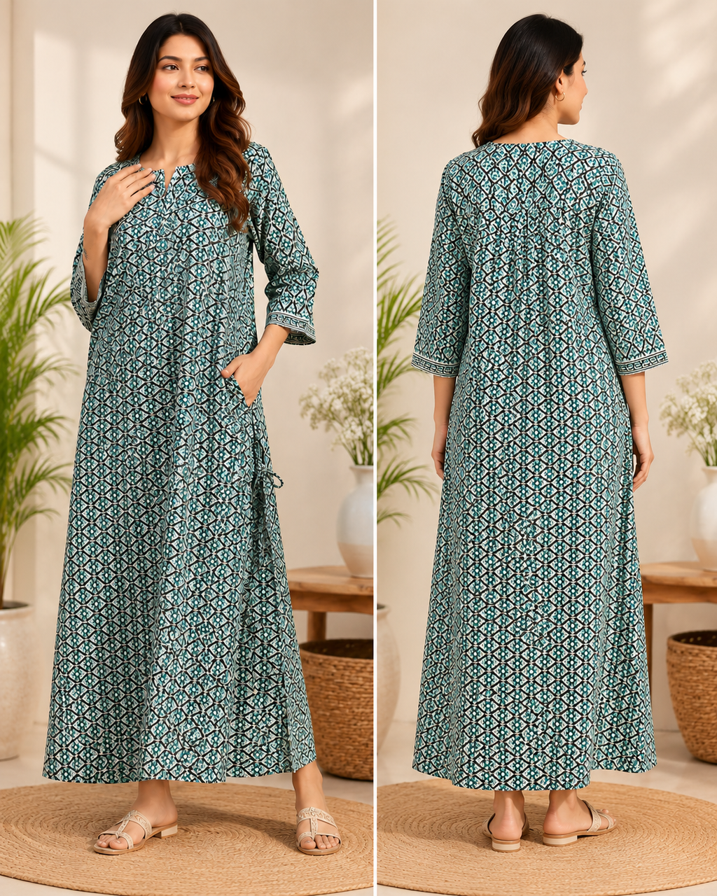 Women Teal Green & Black Geometric Printed Maxi Dress / Long Kurti with Pocket & 3/4th Sleeves