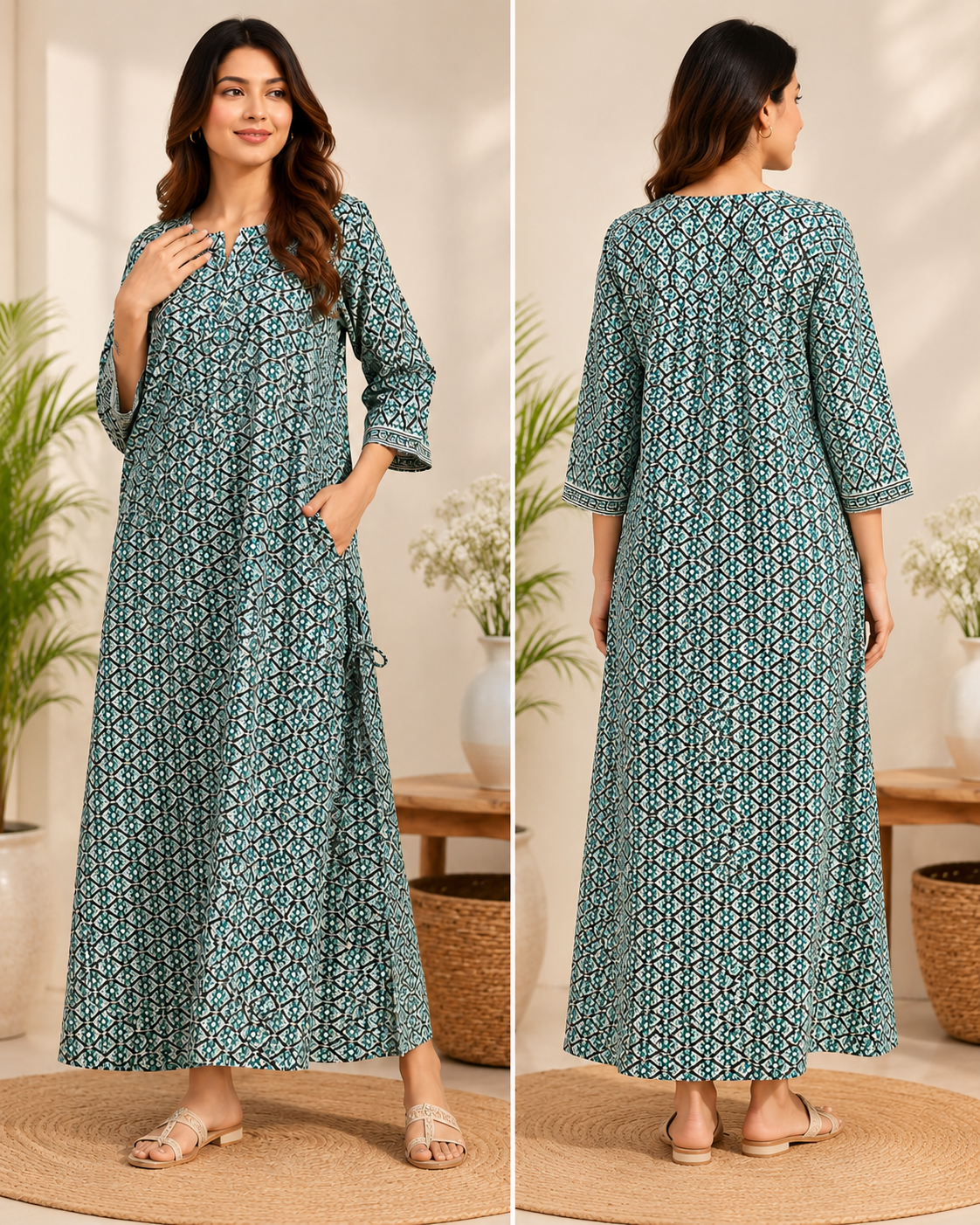Women Teal Green & Black Geometric Printed Maxi Dress / Long Kurti with Pocket & 3/4th Sleeves