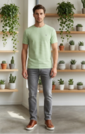 Men's Light Pistachio Green Horizontal Textured Crew Neck T-Shirt - Slim Fit Casual Wear