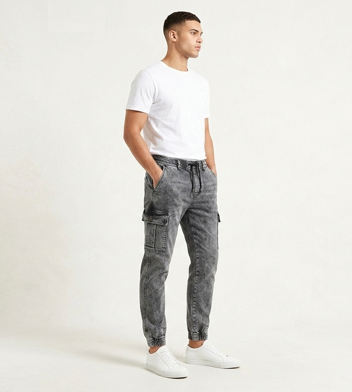 Men's Elastic Waist Tapered Acid Wash Cargo Pants