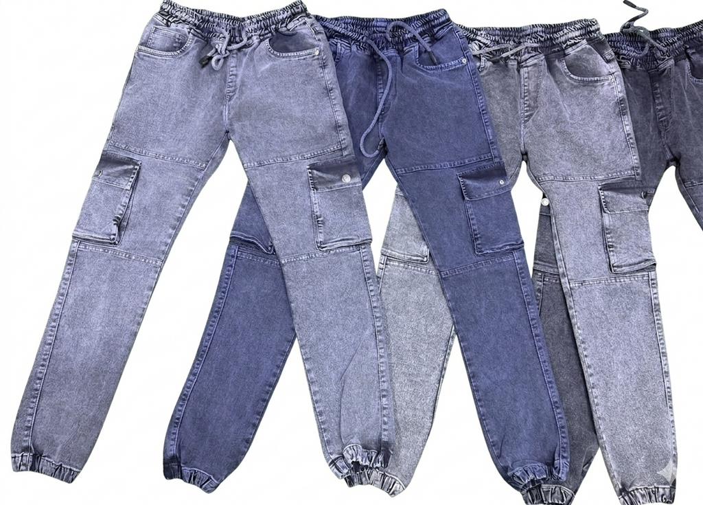 Men's Elastic Waist Tapered Acid Wash Cargo Pants