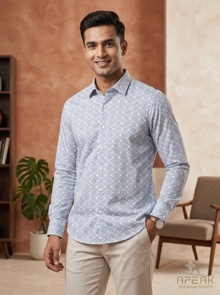 Men's Premium Cotton Slim-Fit Shirt with Geometric Lattice Pattern