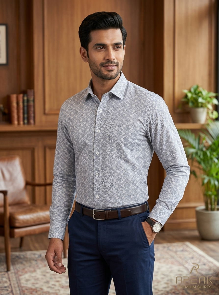 Men's Premium Cotton Slim-Fit Shirt with Geometric Lattice Pattern