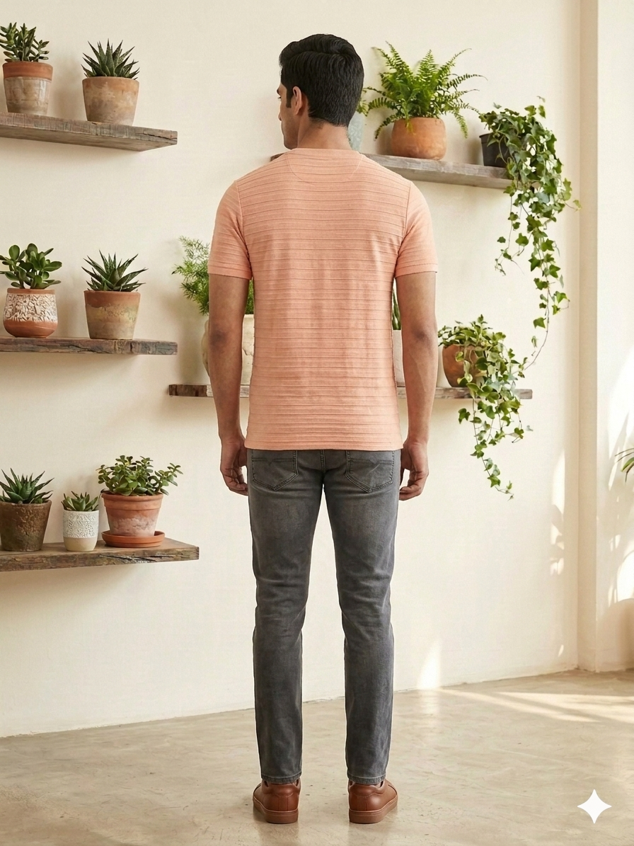 Men's Light Peach Horizontal Textured Crew Neck T-Shirt - Slim Fit Casual Wear