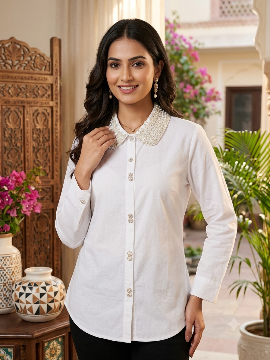 Women's Premium White Cotton Formal Shirt – Pearl Embroidered Peter Pan Collar Top with Designer Back Buttons