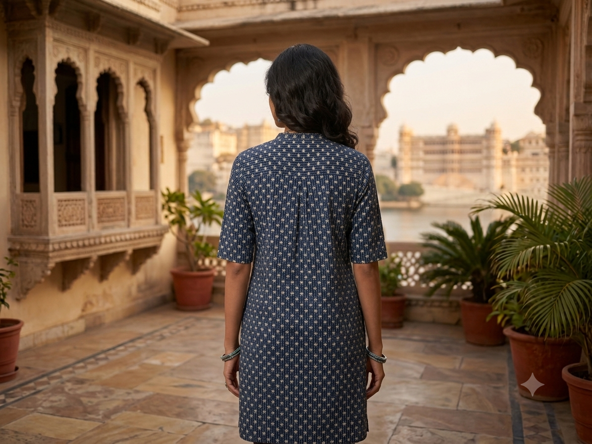 Women's Indigo Blue Cotton Short Kurti – Geometric Booti Print Mandarin Collar Tunics