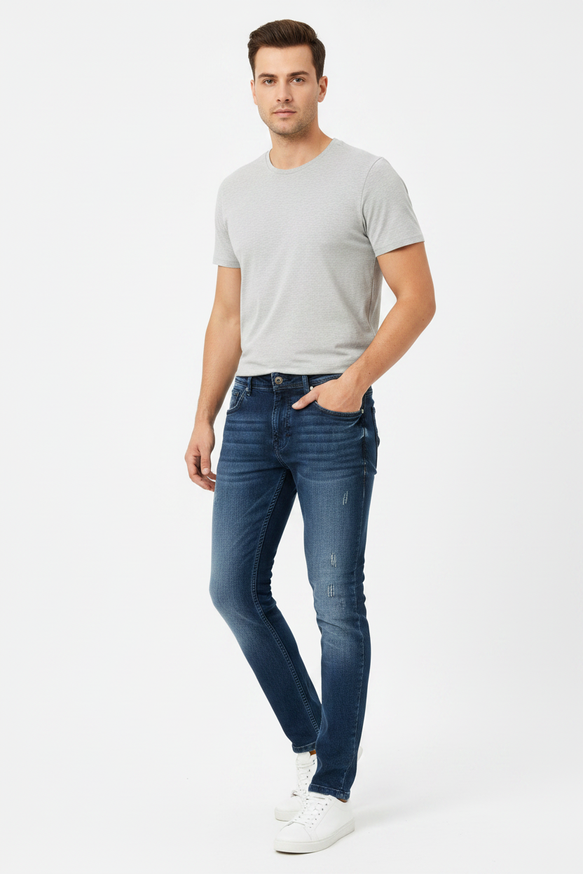 Men's Mildly Distressed Slim-Fit Narrow Jeans in Washed Black.