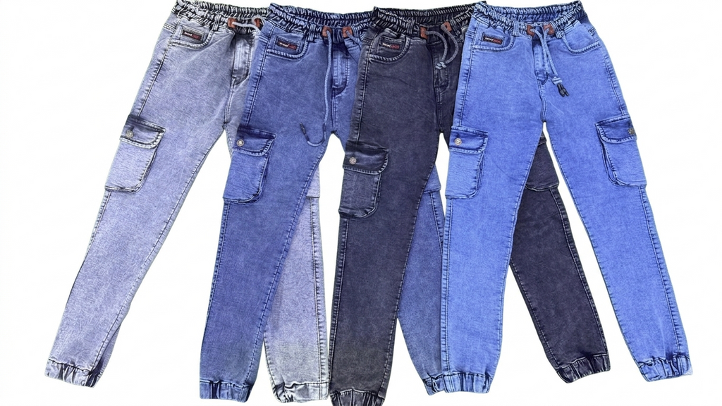 Men's Elastic Waist Tapered Acid Wash Denim Cargo Pants with Drawstring and Cuffed Hems