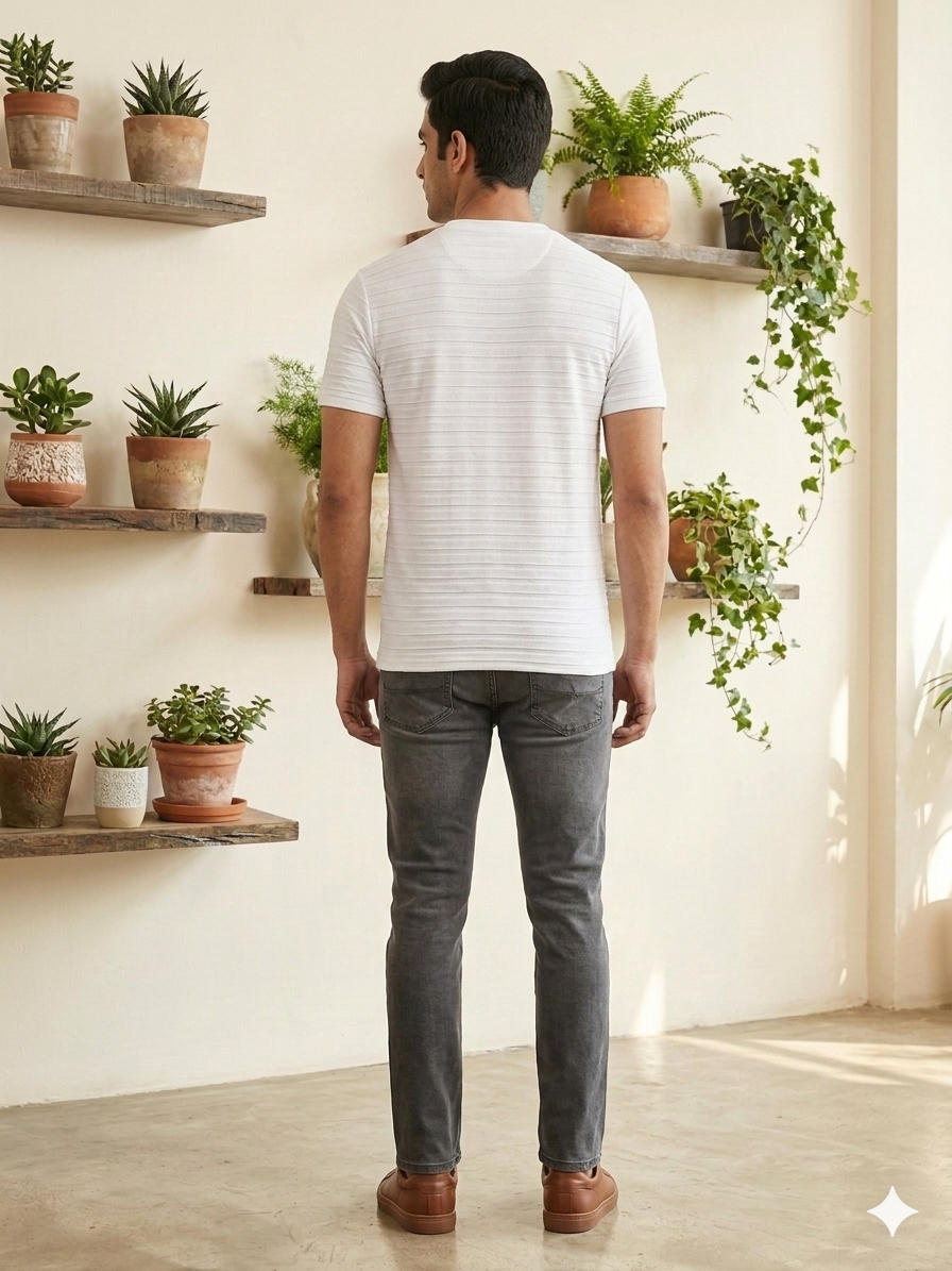 Men's White Horizontal Textured Crew Neck T-Shirt - Slim Fit Casual Wear