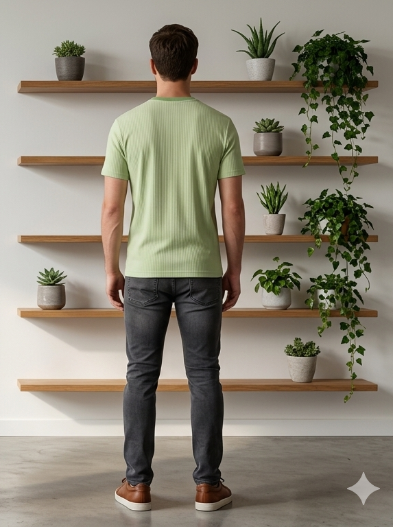 Men's Light Pistachio Green Horizontal Textured Crew Neck T-Shirt - Slim Fit Casual Wear