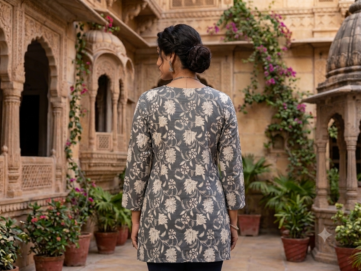 Women's Charcoal Grey Cotton Short Kurti – Floral Block Print Ethnic Tunic with Embroidered Notch Neckline