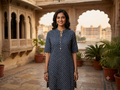 Women's Indigo Blue Cotton Short Kurti – Geometric Booti Print Mandarin Collar Tunics