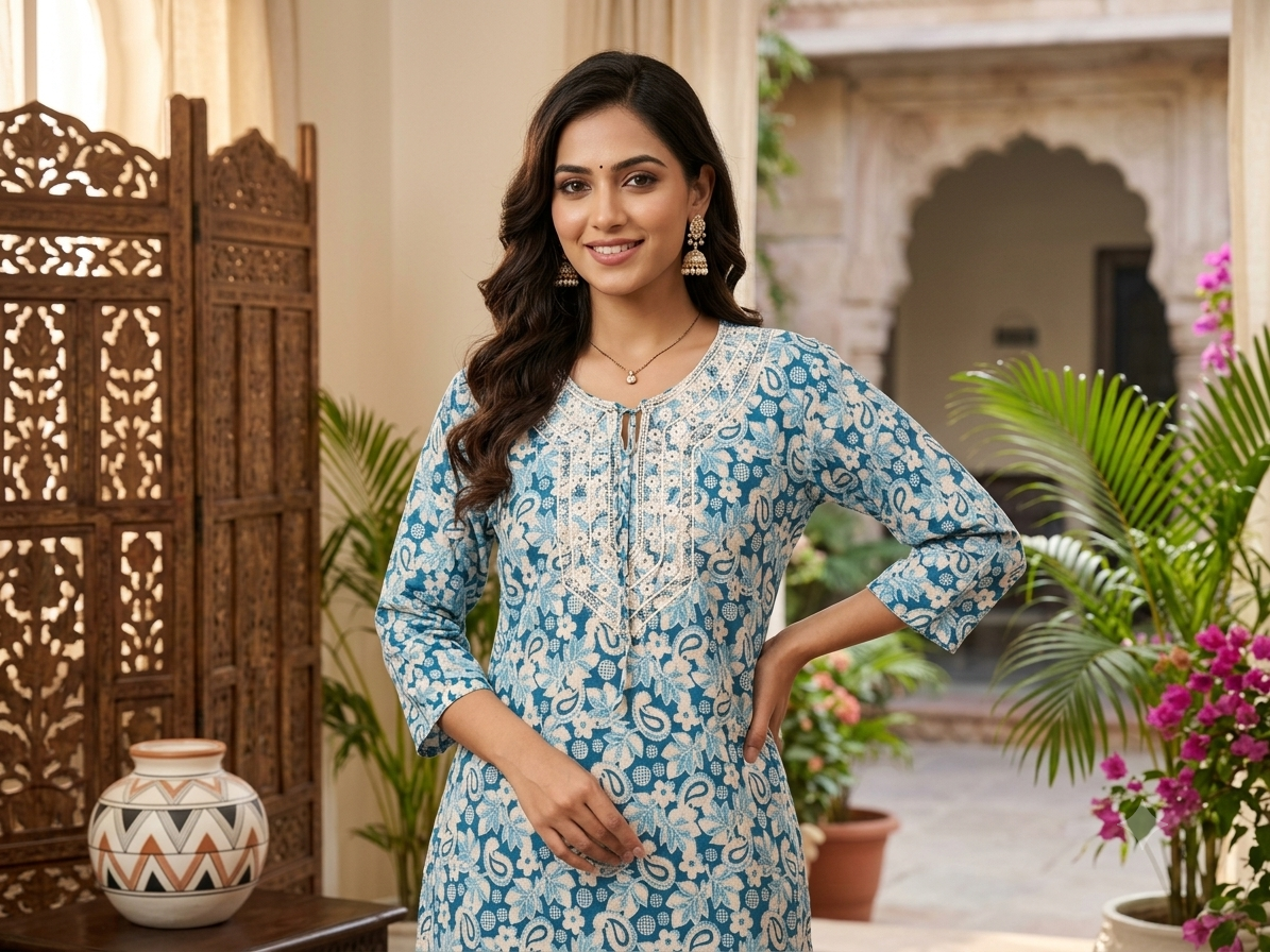 Women's Indigo Blue Cotton Short Kurti – Floral & Paisley Block Print Tunic Top with Embroidered Lace Neckline