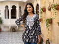 Women's Black Cotton Short Kurti – Floral Block Print Ethnic Tunic Top with Embroidered Neck & Tassel Detail