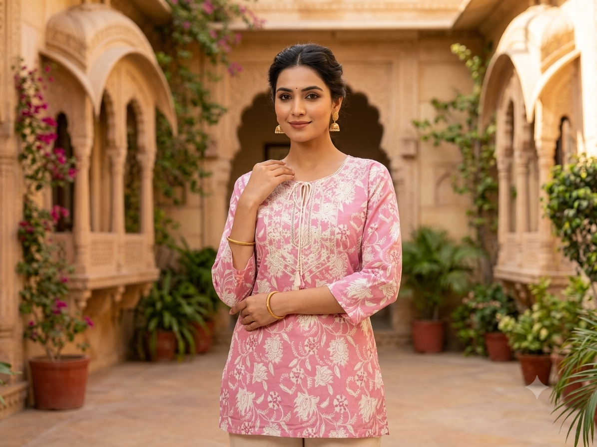 Women's Onion Pink Cotton Short Kurti – Floral Block Print Ethnic Tunic Top with Embroidered Neck & Tassel Detail