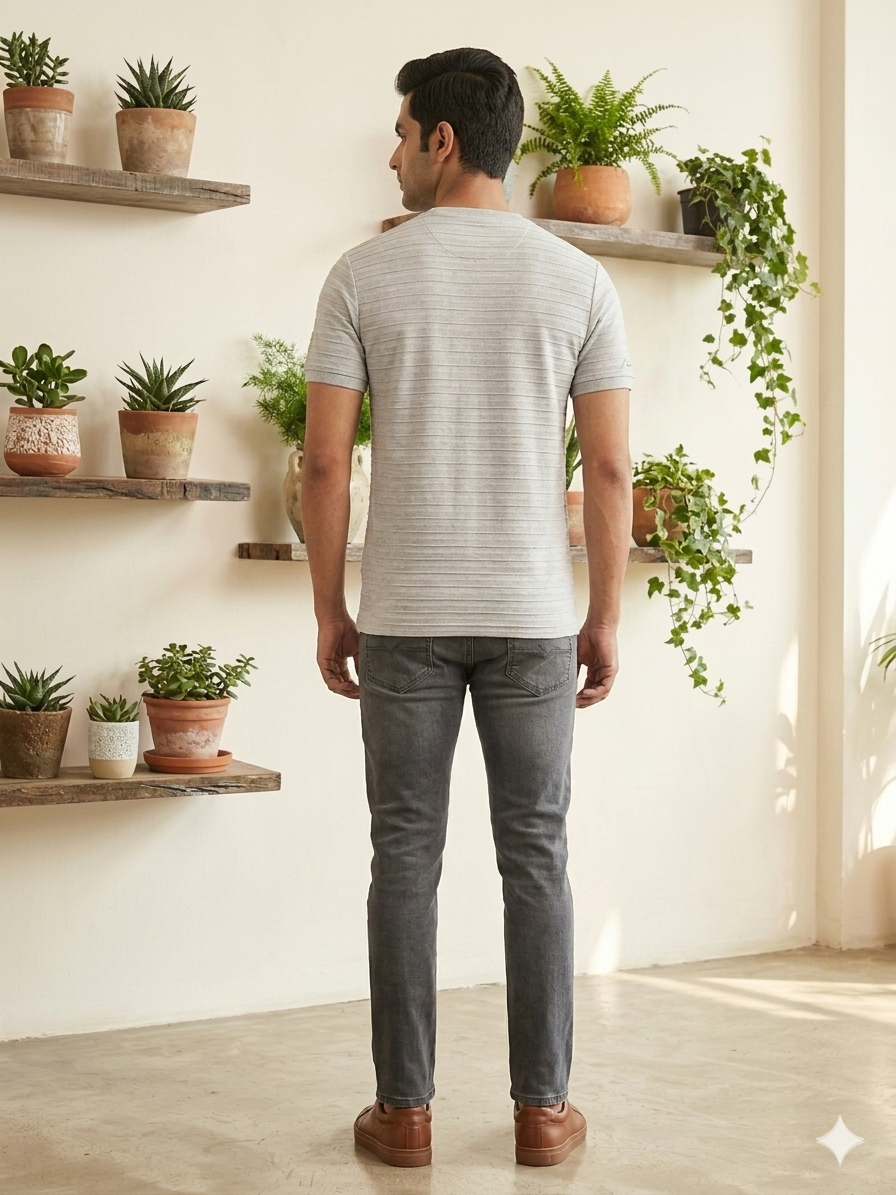 Men's Light Grey Horizontal Textured Crew Neck T-Shirt - Slim Fit Casual Wear