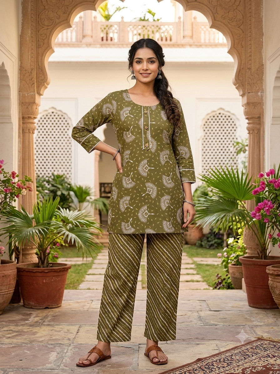 Women's Olive Green Cotton Co-Ord Set – Floral Printed Kurti Tunic with Leheriya Striped Pants