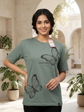 Women's Sage Green Cotton Oversized T-Shirt – Butterfly Graphic Printed Casual Tee with Typographic Detail