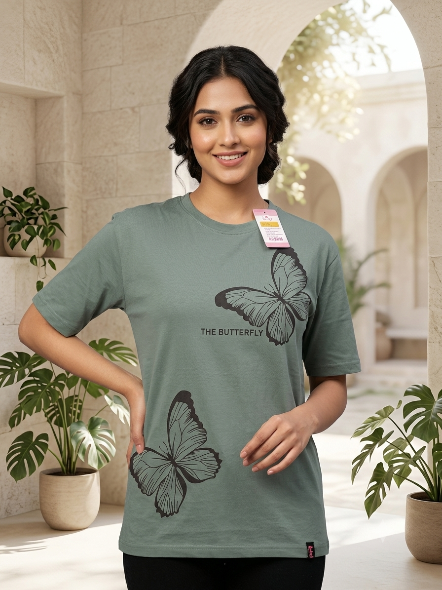 Women's Sage Green Cotton Oversized T-Shirt – Butterfly Graphic Printed Casual Tee with Typographic Detail