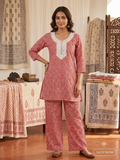 Women's Red & White cotton cord Set with Delicate Lace Detailing