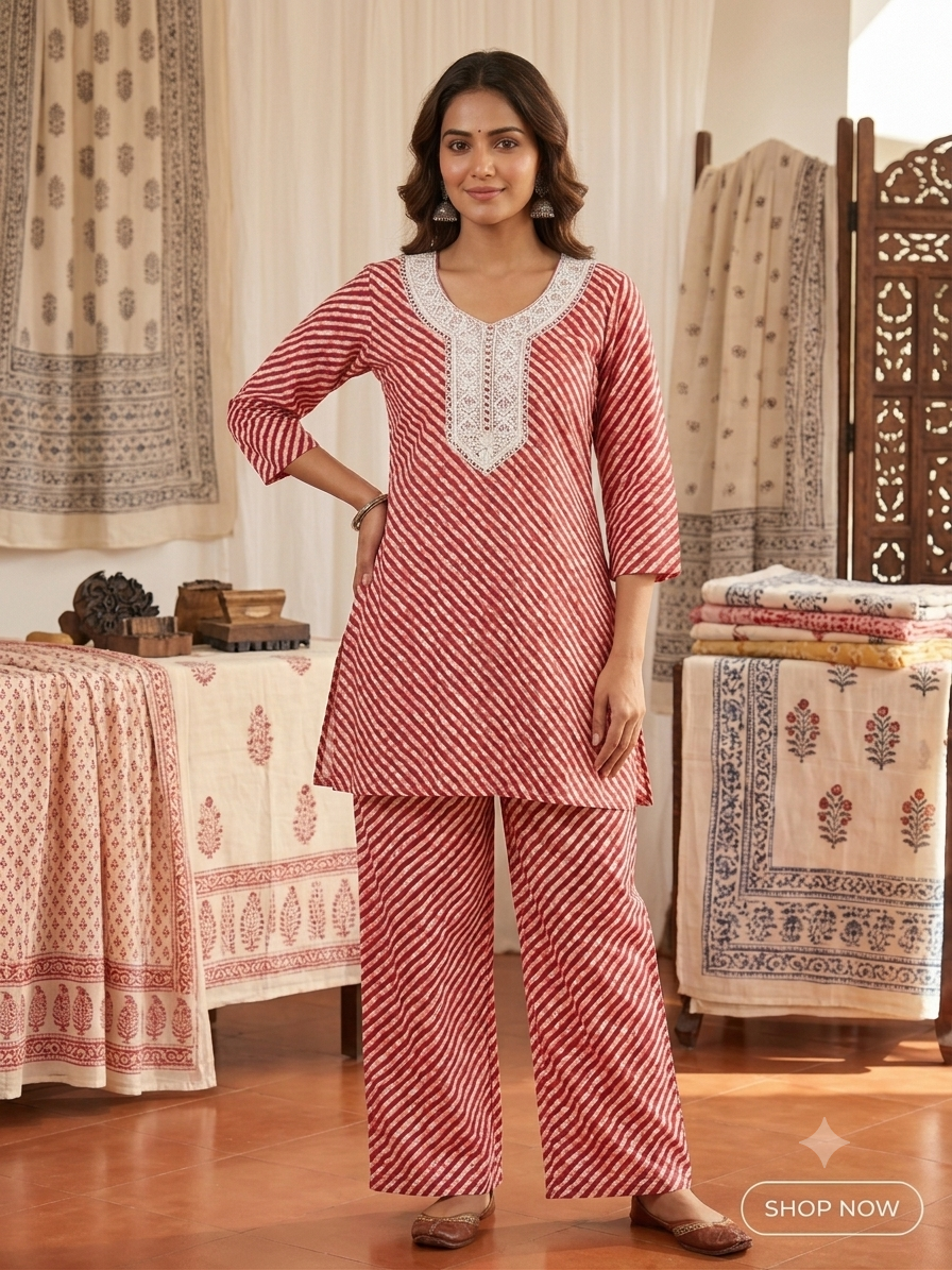 Women's Red & White cotton cord Set with Delicate Lace Detailing
