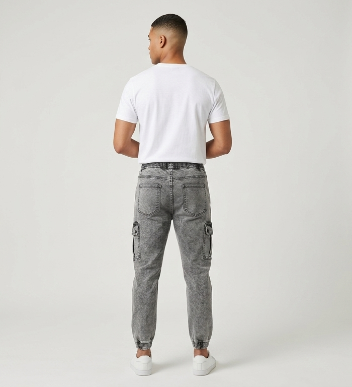 Men's Elastic Waist Tapered Acid Wash Cargo Pants