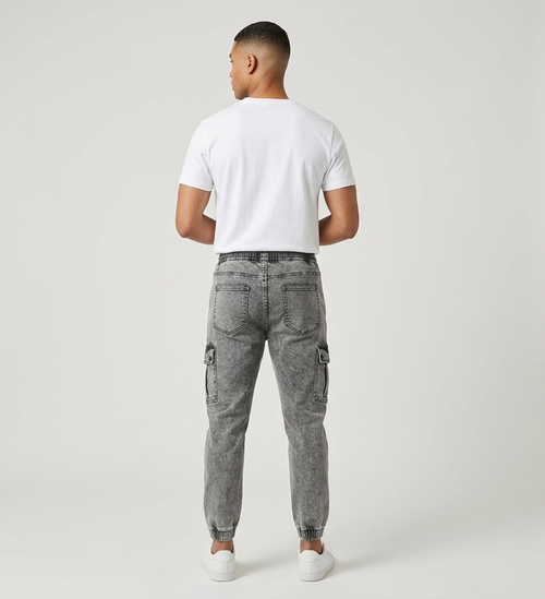 Men's Elastic Waist Tapered Acid Wash Cargo Pants