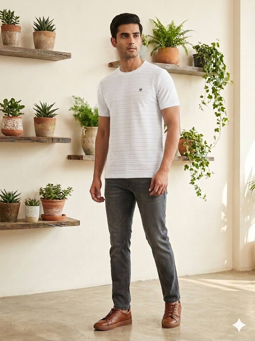 Men's White Horizontal Textured Crew Neck T-Shirt - Slim Fit Casual Wear
