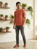 Men's Light Rust Orange Horizontal Textured Crew Neck T-Shirt - Slim Fit Casual Wear