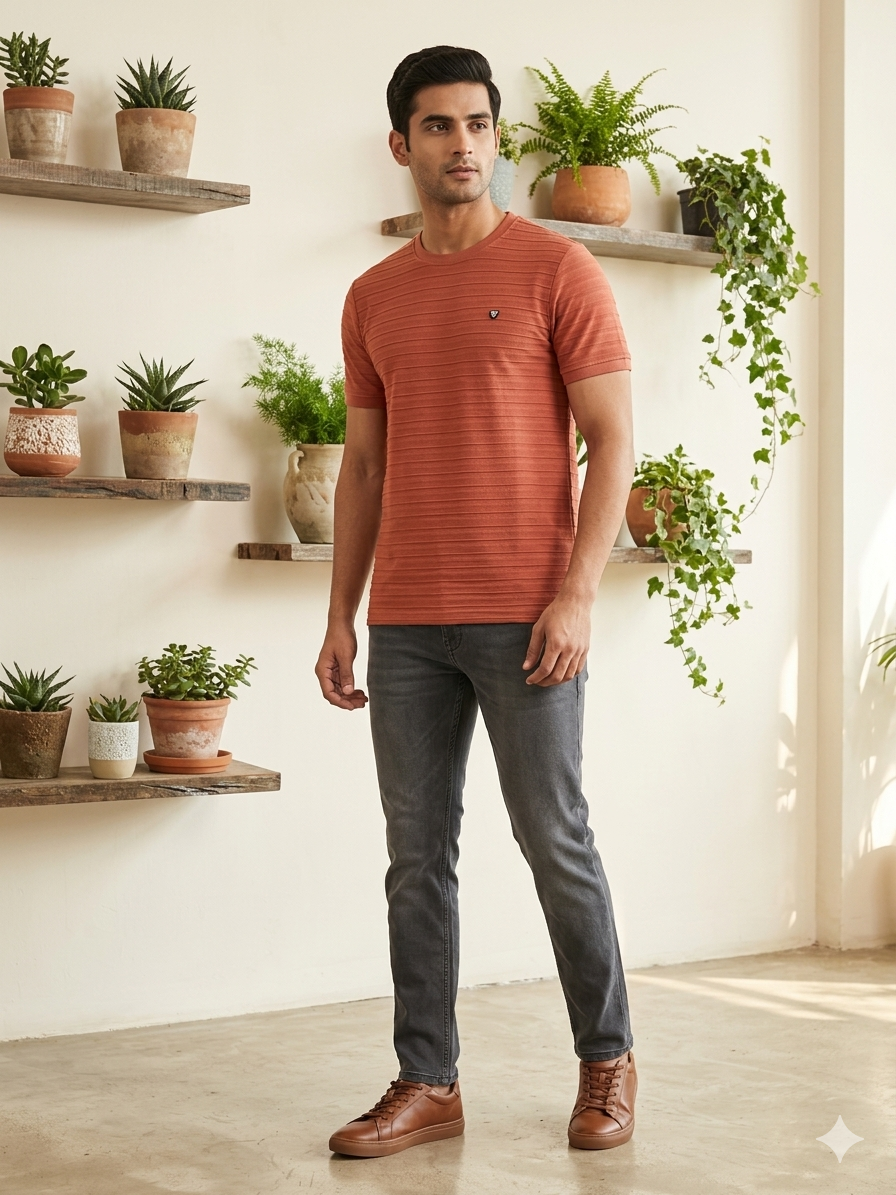 Men's Light Rust Orange Horizontal Textured Crew Neck T-Shirt - Slim Fit Casual Wear