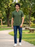 Premium Textured Zip-Neck Tee in Pistachio Green