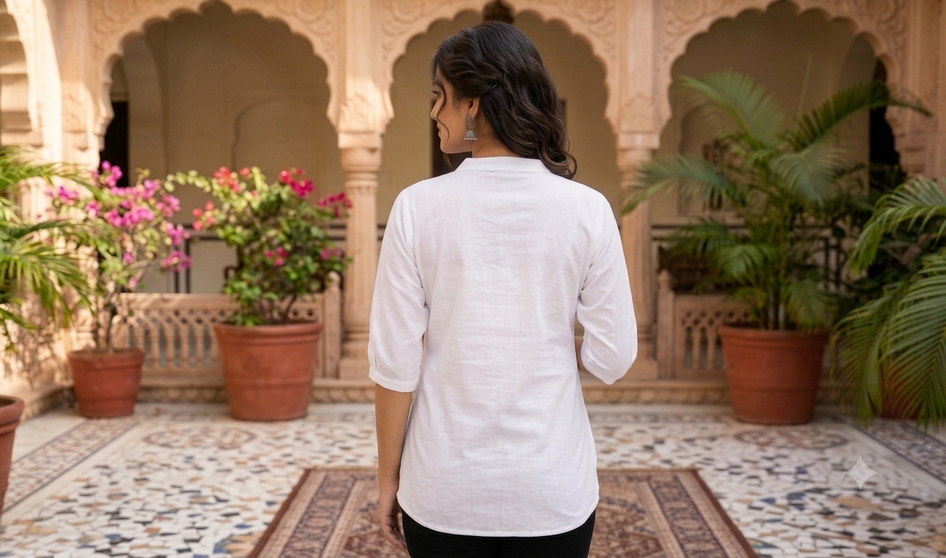 Women's Monochrome Color-Block Tunic Shirt – Black & White Half-and-Half Top with Silver Floral Sequined Patch Embroidery