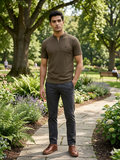 Men's Muted Olive  Vertical Textured Quarter-Zip T-Shirt – Slim Fit Casual Knit Tee