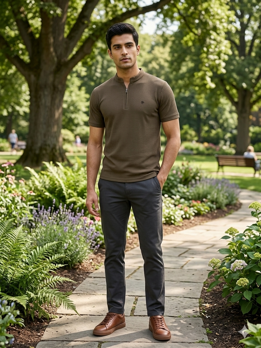 Men's Muted Olive  Vertical Textured Quarter-Zip T-Shirt – Slim Fit Casual Knit Tee