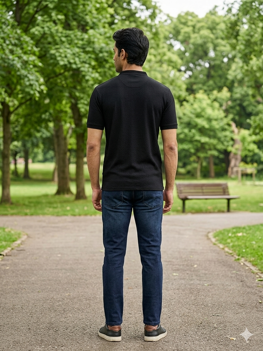 Men's Black Vertical Knit Mock-Neck Zip T-Shirt