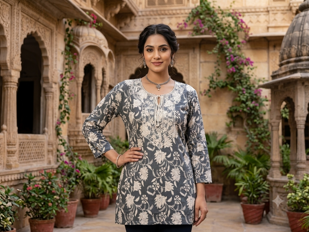 Women's Charcoal Grey Cotton Short Kurti – Floral Block Print Ethnic Tunic with Embroidered Notch Neckline