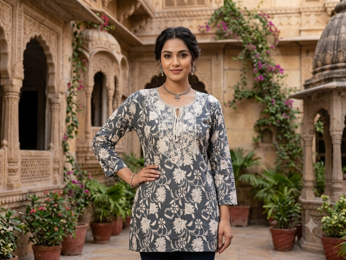 Women's Charcoal Grey Cotton Short Kurti – Floral Block Print Ethnic Tunic with Embroidered Notch Neckline