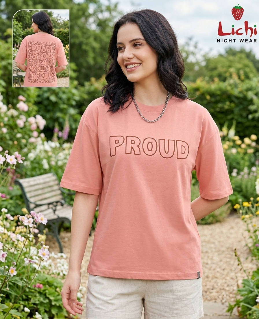 Women's Peach Pink Oversized Graphic T-Shirt – "Don't Stop Proud" Back Doodle Typography Print Cotton Tee