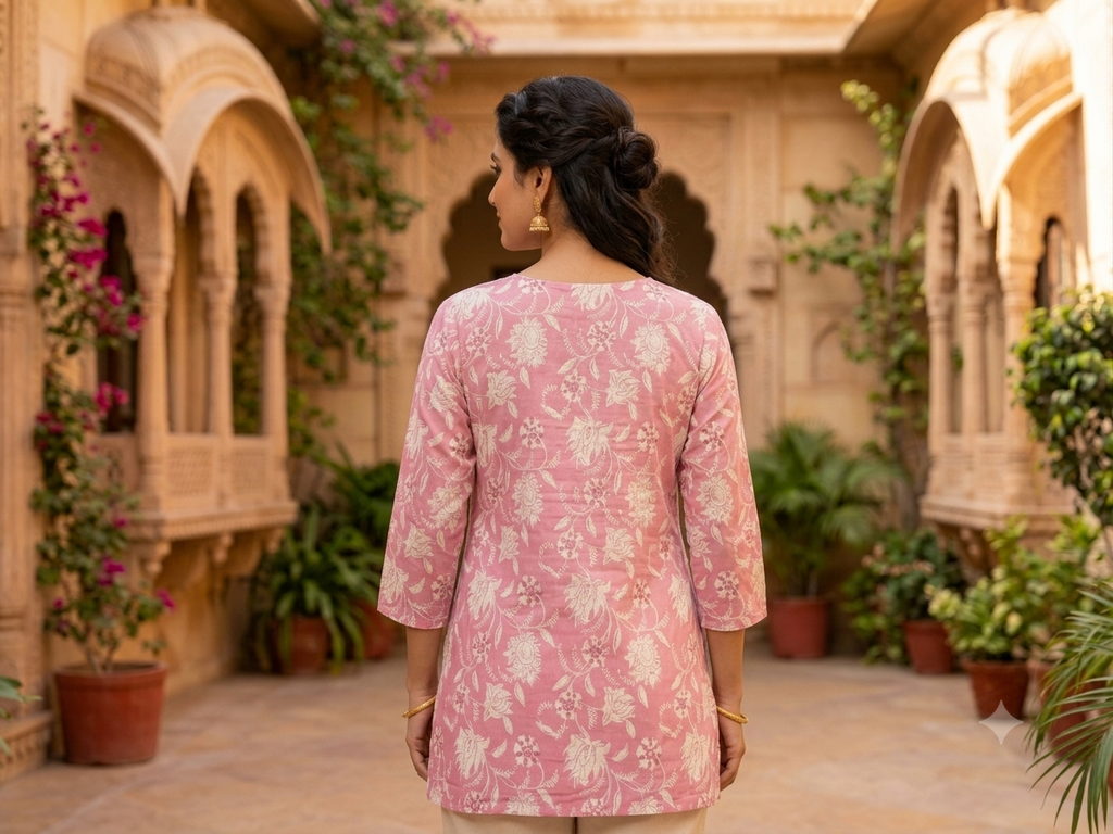 Women's Onion Pink Cotton Short Kurti – Floral Block Print Ethnic Tunic Top with Embroidered Neck & Tassel Detail