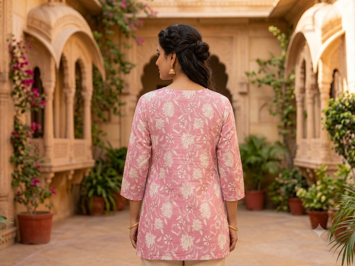 Women's Onion Pink Cotton Short Kurti – Floral Block Print Ethnic Tunic Top with Embroidered Neck & Tassel Detail