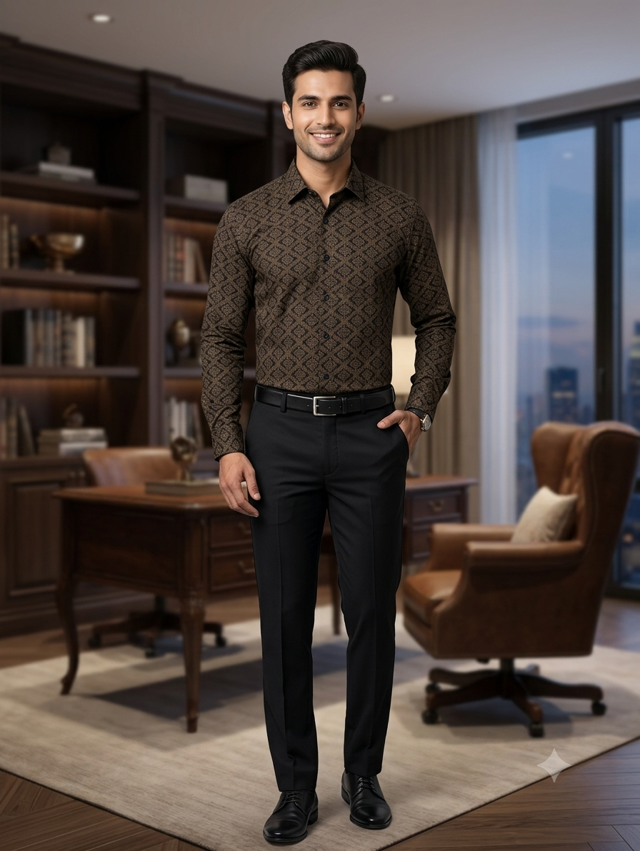 Men's Dark Earth-Tone Mandala Print Premium Cotton Shirt