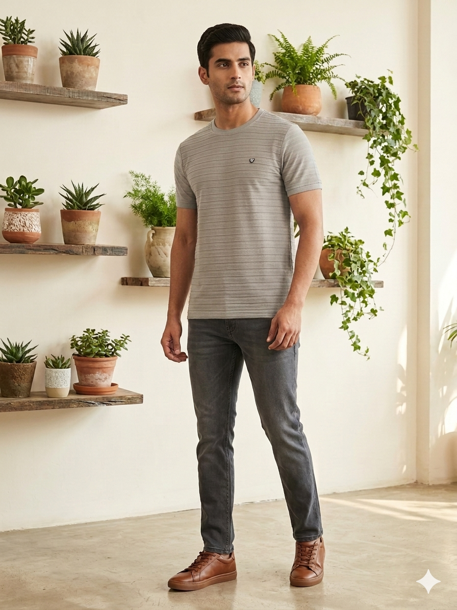 Men's Light Grey Horizontal Textured Crew Neck T-Shirt - Slim Fit Casual Wear