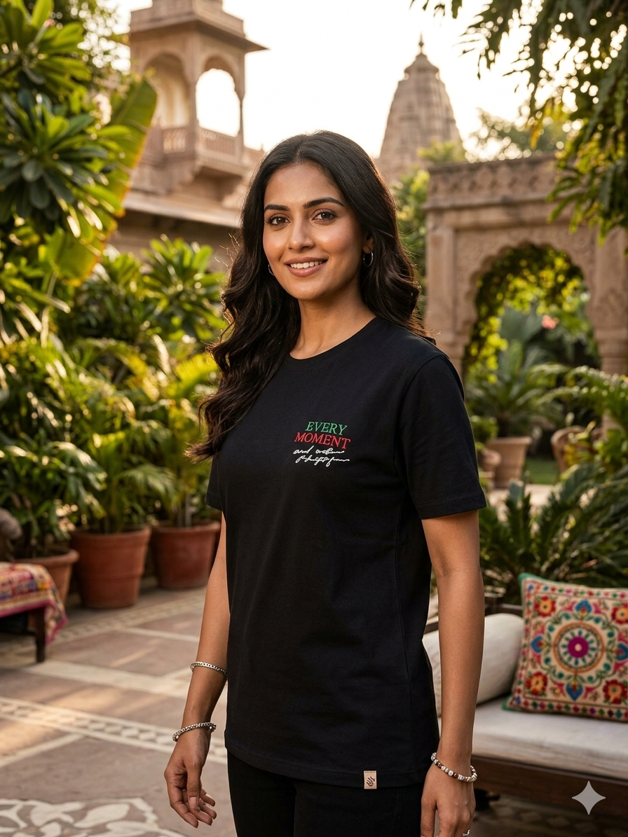 Women's Black Cotton Graphic T-Shirt – "Every Moment" Chest Typography Print Casual Crewneck Tee